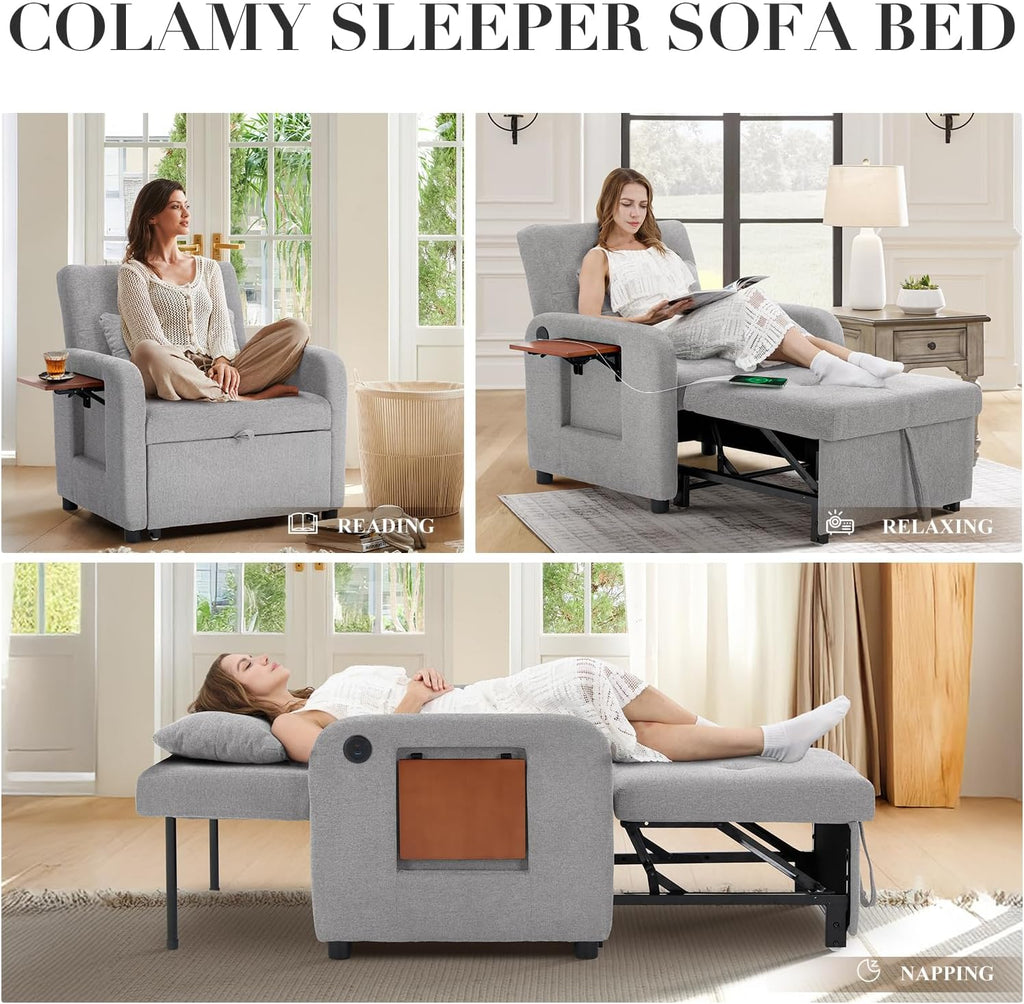 Convertible Sleeper Chair-Fabric Futon Sofa Bed, Single Sleeper Sofa, Small Couch Bed with USB Port, Foldable Table