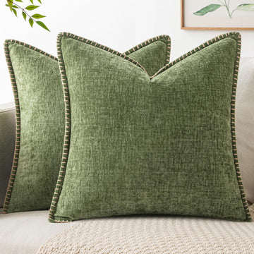 Pack of 2 Couch Throw Pillow Covers 18x18 Inch Sage Green Farmhouse Decorative Pillow Covers with Stitched Edge Soft