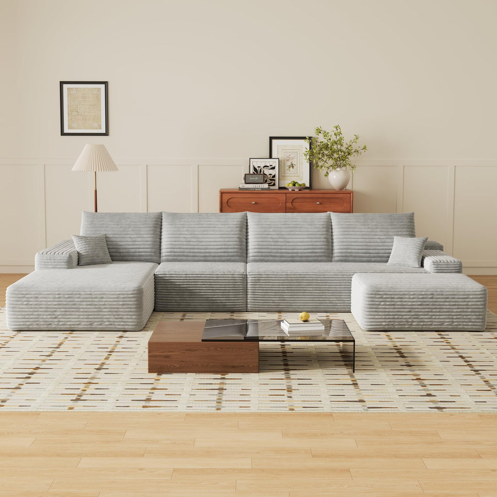 135" U Shaped Sectional Couch with Ottoman, Large Sectional Couches, Plush Corduroy Convertible Sleeper Sofa