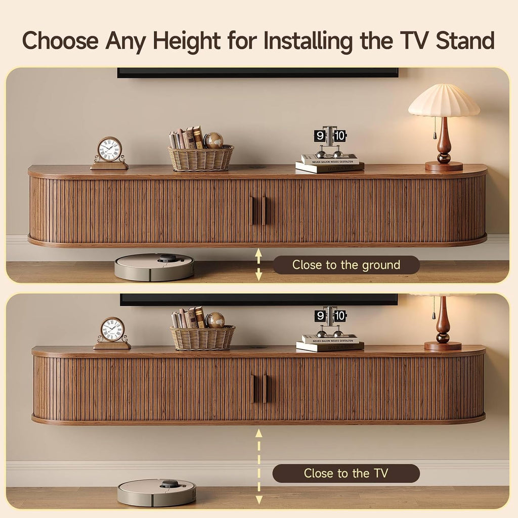 71" Floating TV Stand with Power Outlet for TVs up to 80", Fluted Entertainment Center with Remote Control for LED