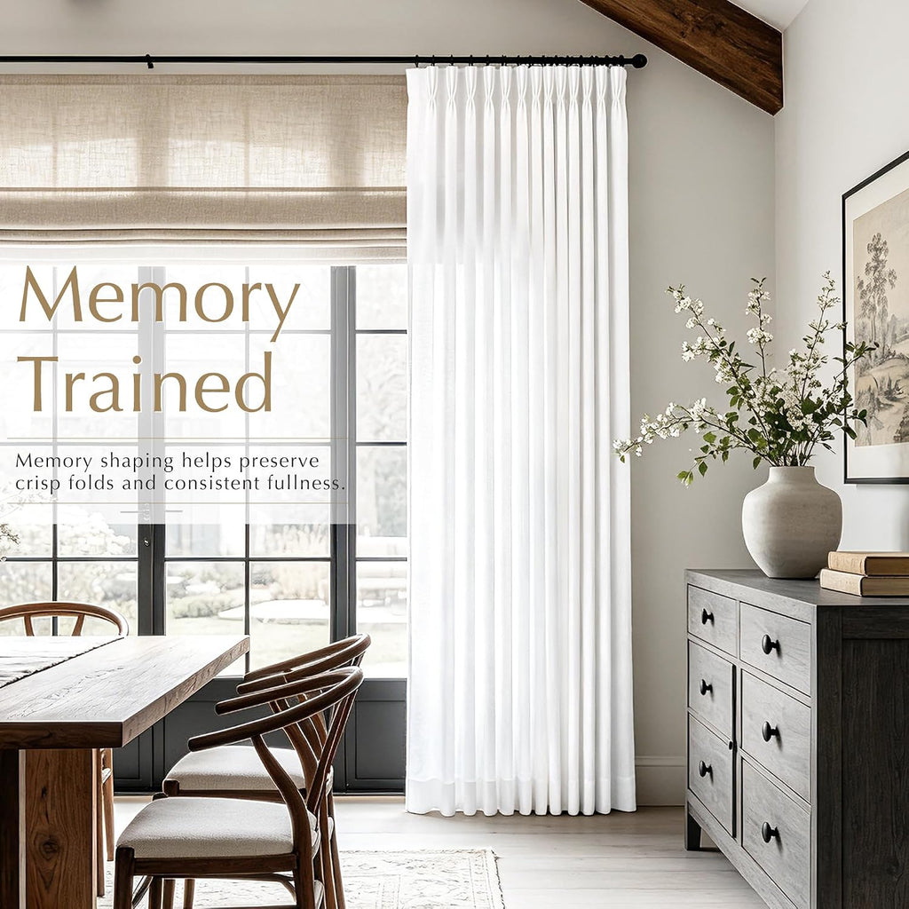 White Linen Triple Pinch Pleat Curtains 78 Inch Length 2 Panels Set Light Filtering Semi Sheer Memory Trained Pleated