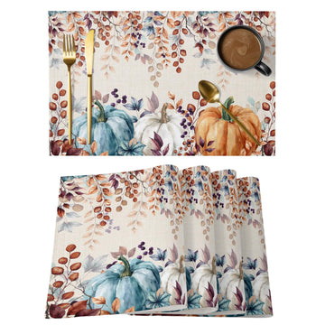 Fall Thanksgiving Placemats Set of 6, Watercolor Autumn Pumpkins Eucalyptus Leaves Heat Resistant Washable Linen