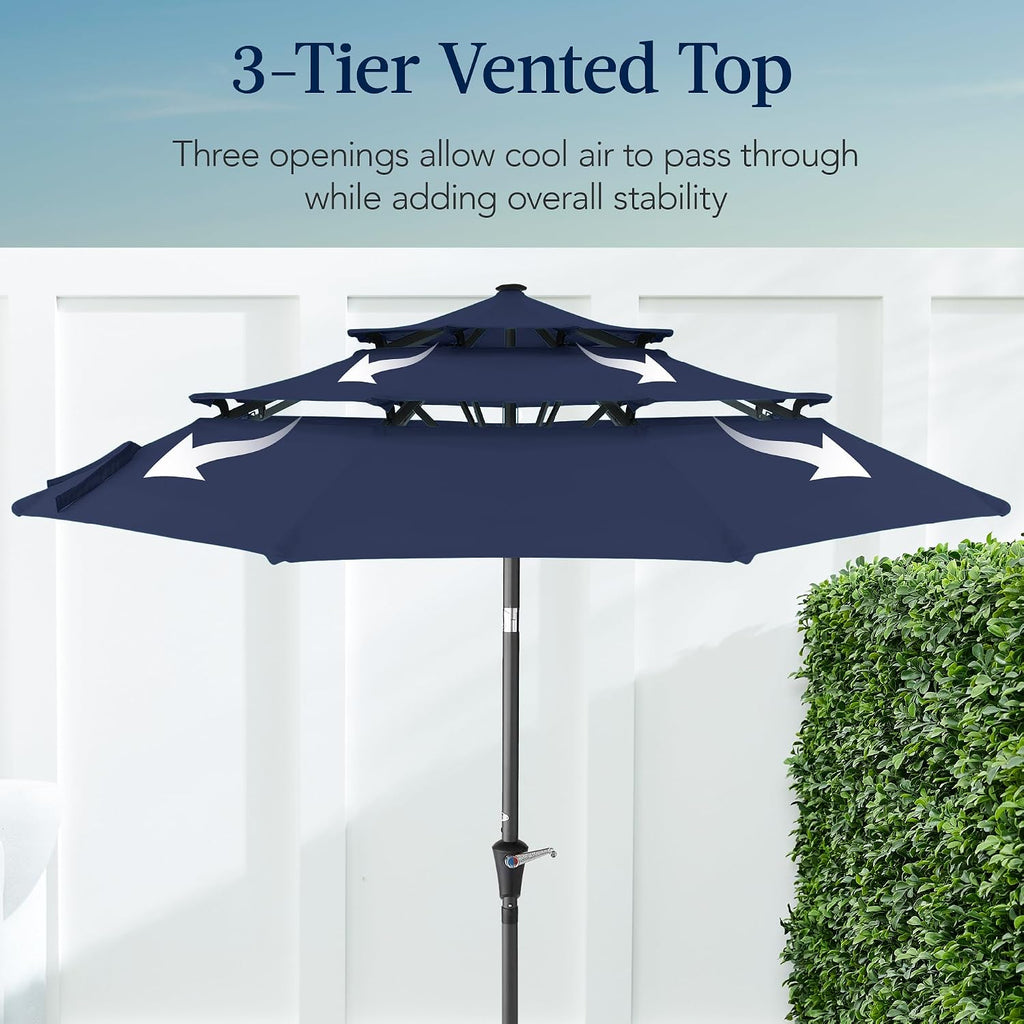 10ft 3-Tier Market Patio Umbrella, Outdoor Sun Shade with Tilt, Crank Lift, 8 Ribs - Navy Blue