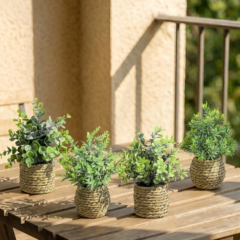 Small Fake Plants, 4 Pack Artificial Plants in Handwoven Seagrass Baskets | Natural Woven Texture, 4 Unique Plant