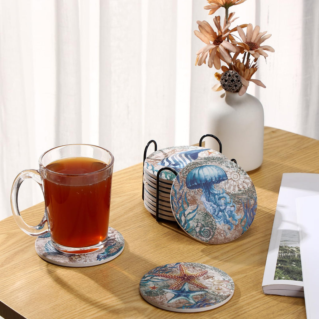 12 Pcs Ceramic Coasters with Holder, Cork Backing, Beach Theme
