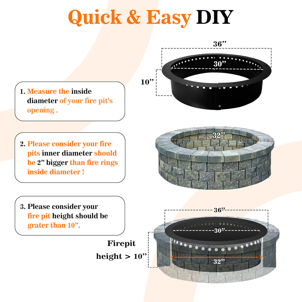 Smokeless Fire Pit Insert - Steel 36" Round Foldable Fire Pit Ring with Air Vents and Coller Support - DIY Fire Ring