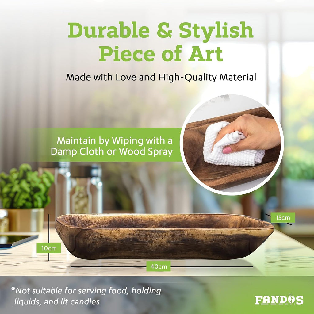 Wooden Dough Bowl for Decor - 173⁄4 in Long Hand Carved Paulownia, Large Rustic Decorative Bowl Table Centerpiece