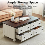 48" Farmhouse Coffee Table with Hidden Storage,Wooden Coffee Tables with 4 Drawers & Roman Column Handle,Rectangular