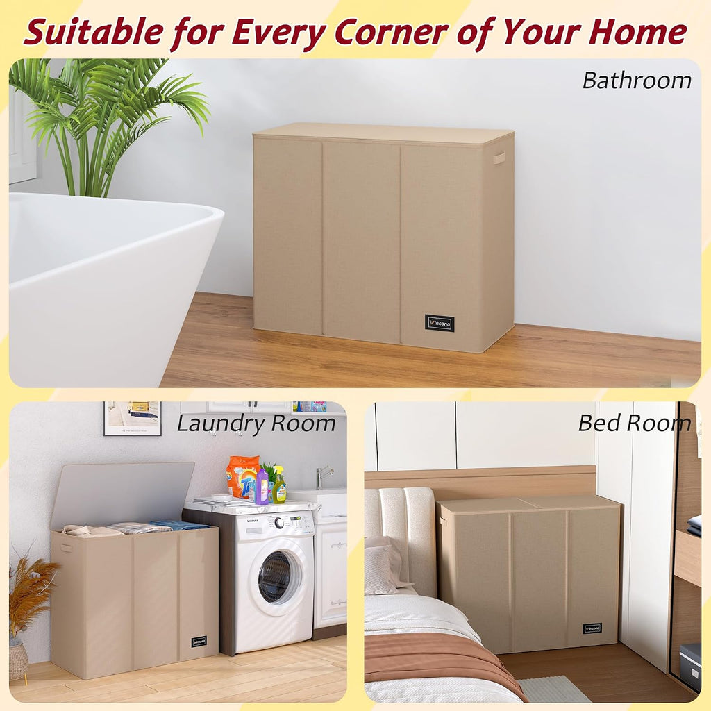 195L Laundry Hamper 3 Section,Large Laundry Hamper with Lid,Dirty Clothes Hamper with 3 Inner Bags,Collapsible