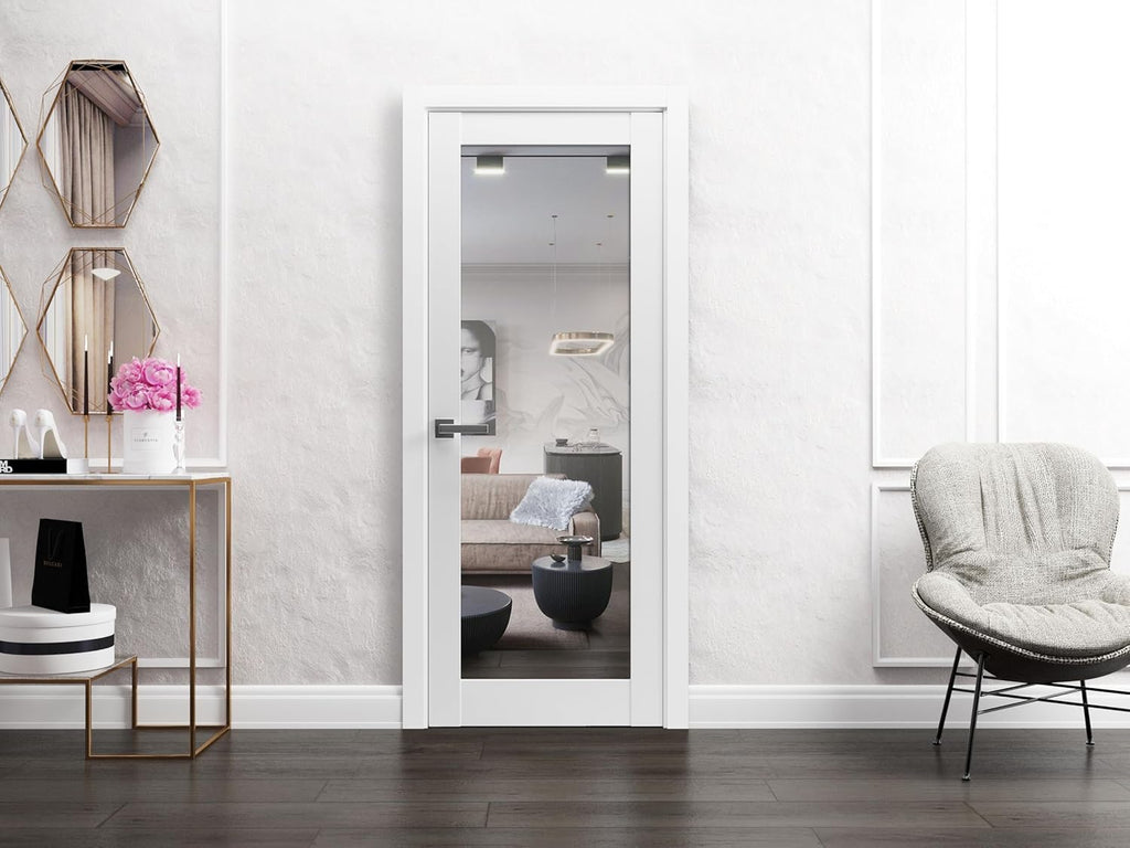 Slab Barn Door Panel | Lucia 1299 White Silk with Mirror | Sturdy Finished Doors | Pocket Closet Sli