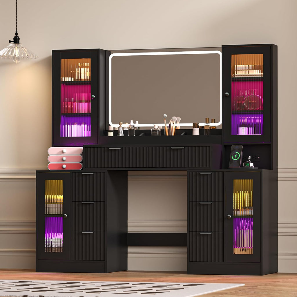 Fluted Makeup Vanity Desk with Mirror and Lights, 55" Glass Top Vanity with 8 Drawers & 4 RGB Glass Cabinets
