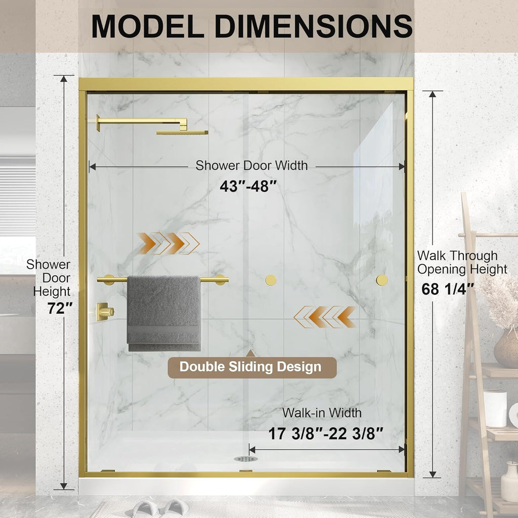 Double Sliding Shower Door 43-48" W x 72" H, Semi-Frameless Glass Shower Door with Nano Explosion-Proof Safety Film
