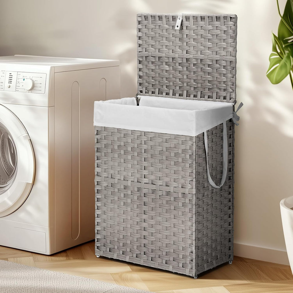 Woven Laundry Basket with Lid, 90L Large Capacity Hamper, Removable & Machine-Washable Liner, Foldable Rattan Clothes