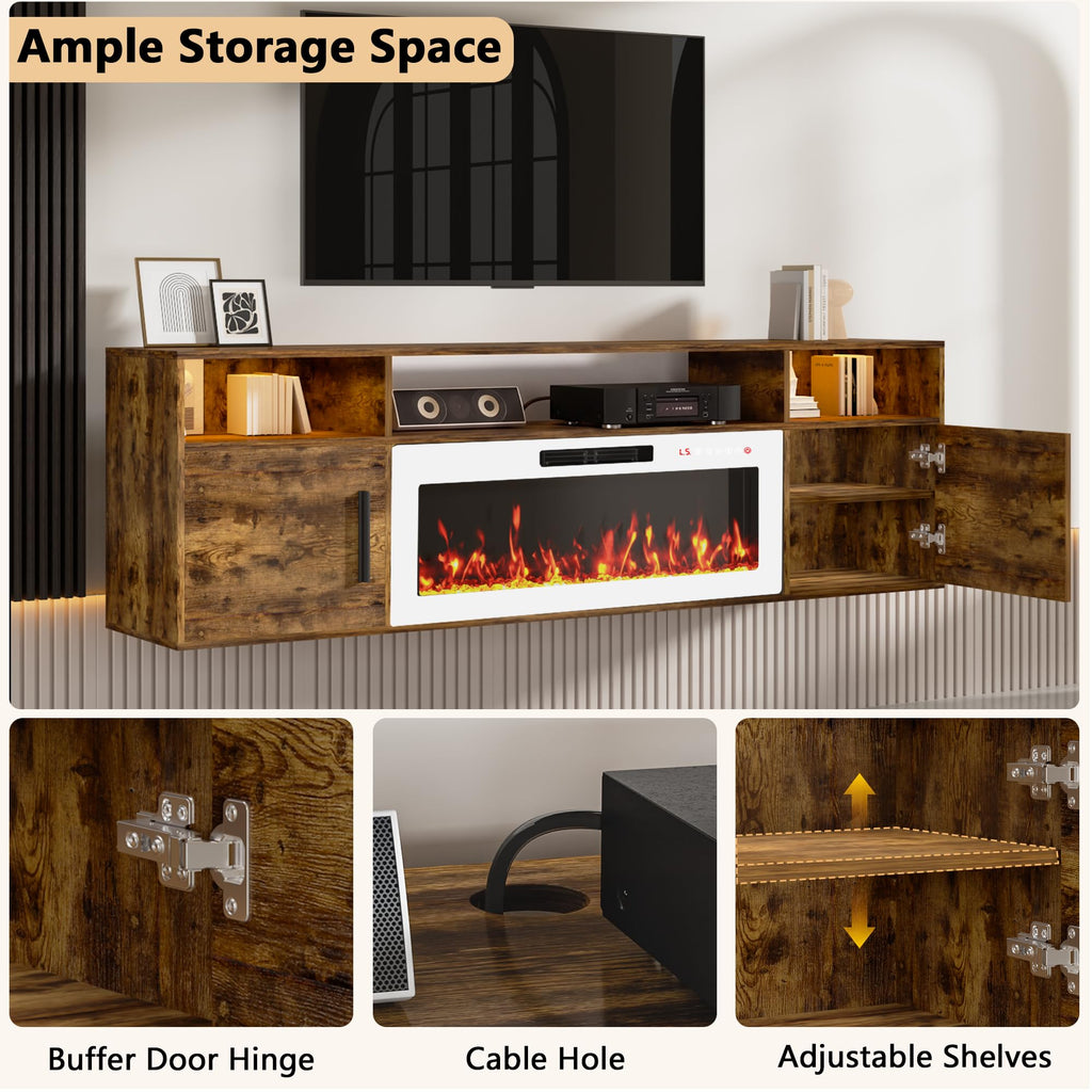 70" Floating with 36" Electric Fireplace, High Gloss Finish Wall Mounted Electric Fireplace with Storage and 16