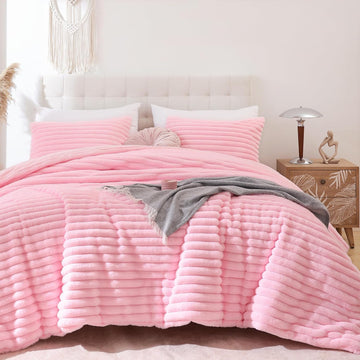 Fluffy Queen Comforter Set 3 Pieces - Pink Fleece Fluffy Comforter Set, Luxury Fuzzy Queen Bedding Set