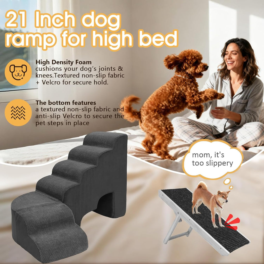 Dog Stairs for High Beds, 6 Steps Soft Foam Pet Stairs for Bed 27-30 inches, L Shaped Dog Steps