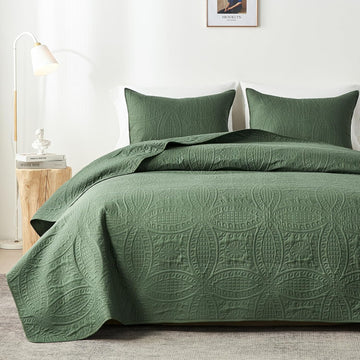 Quilt Bedding Set, Olive Green Ultrasonic Quilt Set, Lightweight Soft Bedspread Coverlet, Modern Style