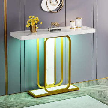 Modern Gold White Console Table with LED Lights, 41.3 Inch Entryway Hallway Foyer Accent Table with Faux Marble