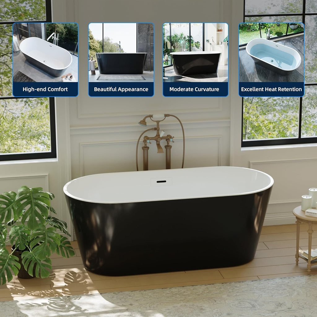 59 Inch Freestanding Bathtub, Acrylic, Deep Soaking Tub with Non-Slip Base, Modern Black Free Standing Tub for