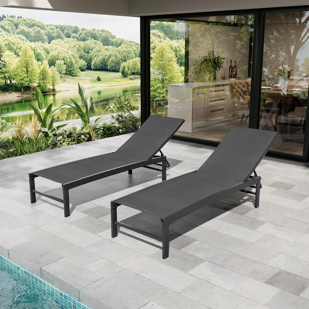 Chaise Lounge Chair Outdoor Set of 2, Adjustable 5 Positions Pool Lounge Chairs, Metal Tanning Recliner, Outdoor
