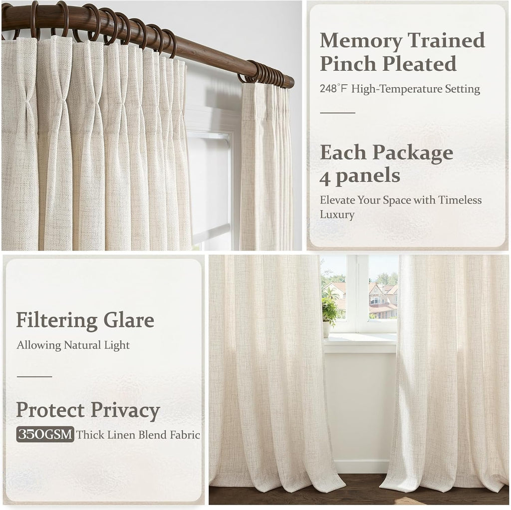 Pinch Pleated Linen Viral Curtains 4 Panels Set for Living Room, Birch Memory Trained Pleat Light