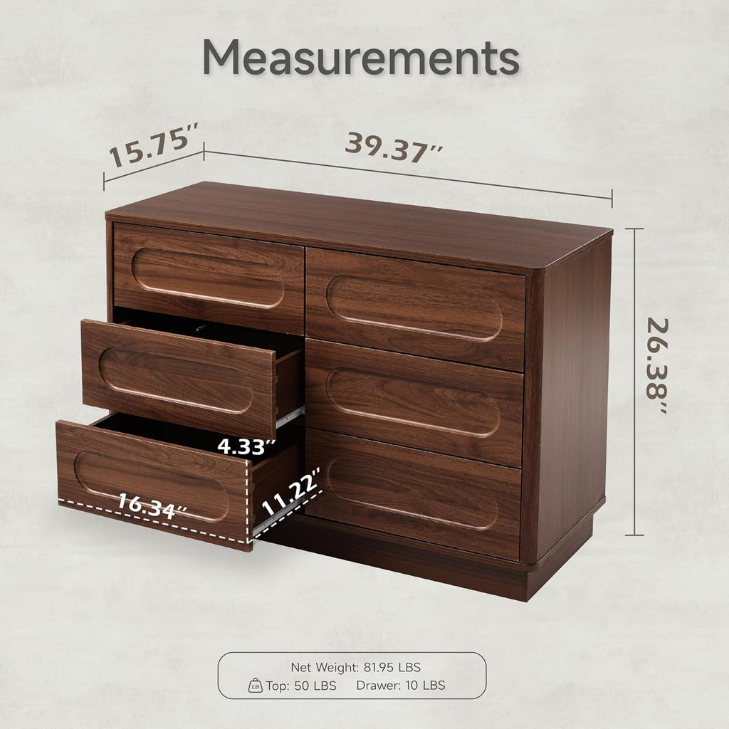 Modern 6 Drawer Dresser with Push-to-Open Drawers, Mid-Century Wide Bedside Table with Raised Base , Oval Groove