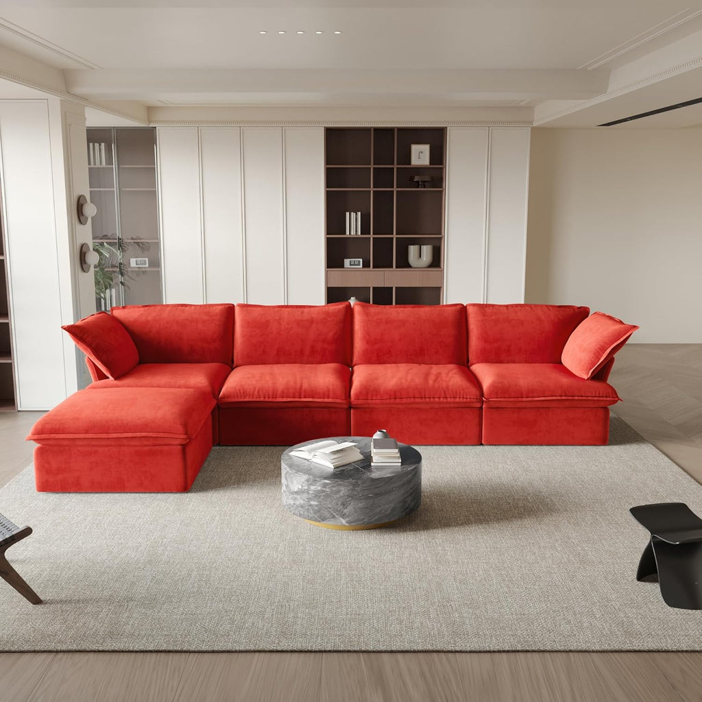 L-Shaped Sectional Couches, Modular Sectional Sofas, Modern Comfy Cloud Couch with Chaise Ottoman, Cushion Covers Removable, Two Corners and Two Middle Sofa for Living Room (Red) A124-B0F2YSNQJM