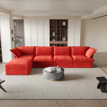 L-Shaped Sectional Couches, Modular Sectional Sofas, Modern Comfy Cloud Couch with Chaise Ottoman, Cushion Covers Removable, Two Corners and Two Middle Sofa for Living Room (Red)