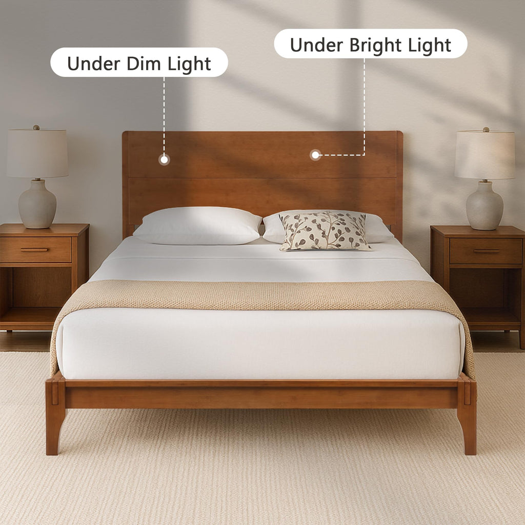 Full Size Mid Century Bamboo Wood Bed Frame with Headboard, Brown