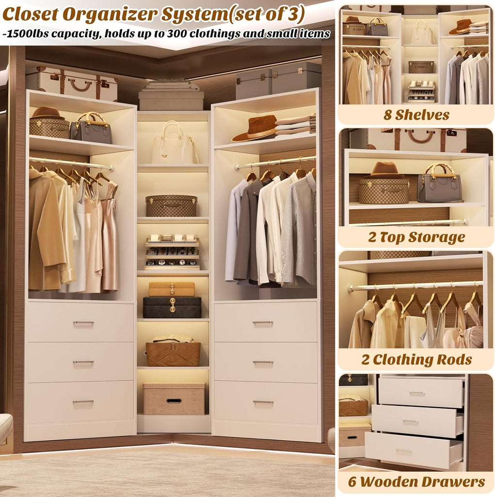 Closet System with 6 Drawers & 10 Shelves, Corner Closet Organizer System, Reversible Walk-in Closets, (L-Shaped