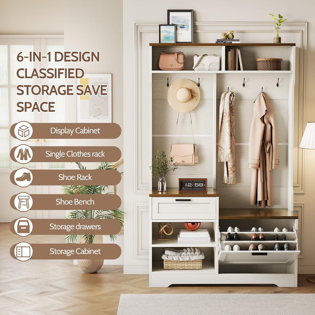 Hall Tree with Bench and Shoe Storage, 6-in-1 Entryway Coat Rack with Flip Drawer Shoe Cabinet, 7 Hooks, 4 Storage