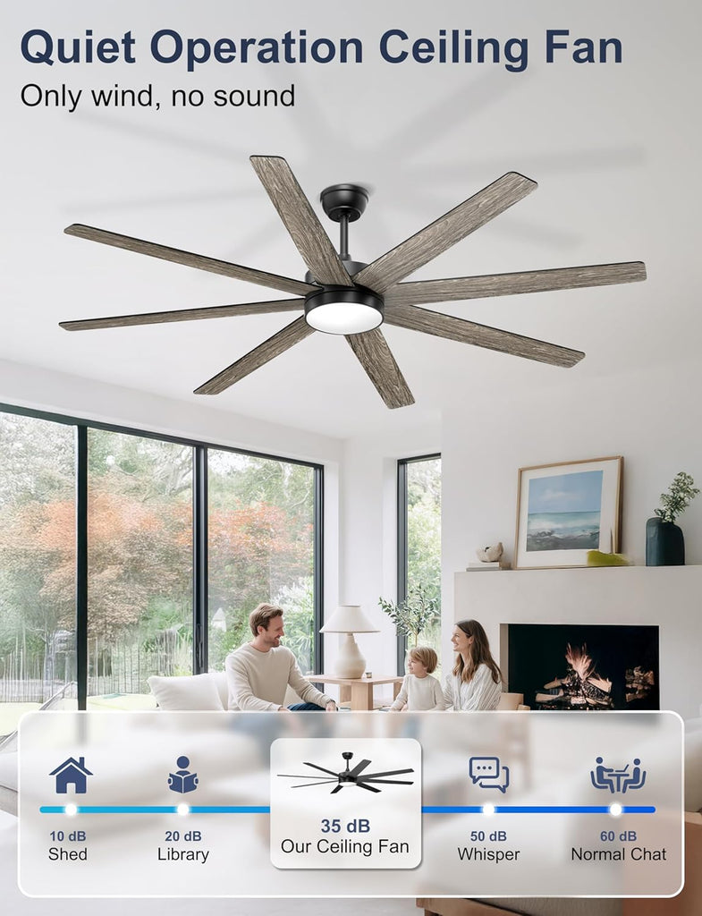 72'' Large Ceiling Fans with Lights, Modern Black Ceiling Fan Remote/APP Control, Dimmable