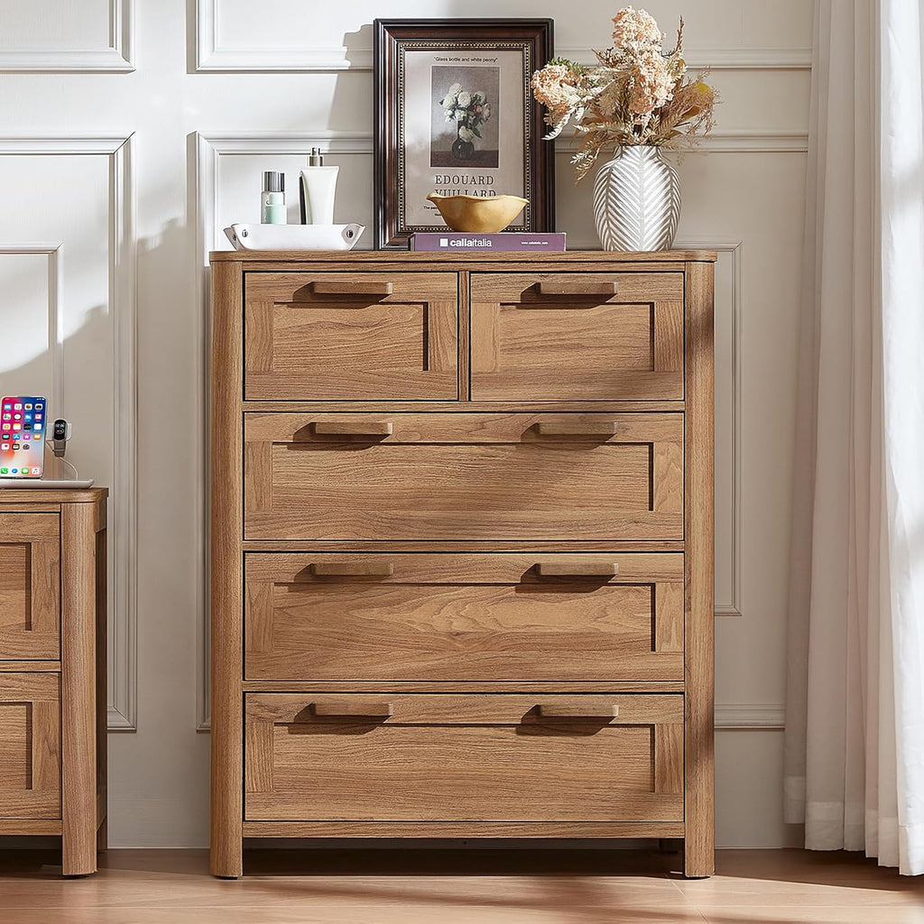 Farmhouse 5 Drawer Dresser , Brown | Vertical Dressers Chest of Drawers with 5 Deep Drawers & 4 Thickened Table Legs