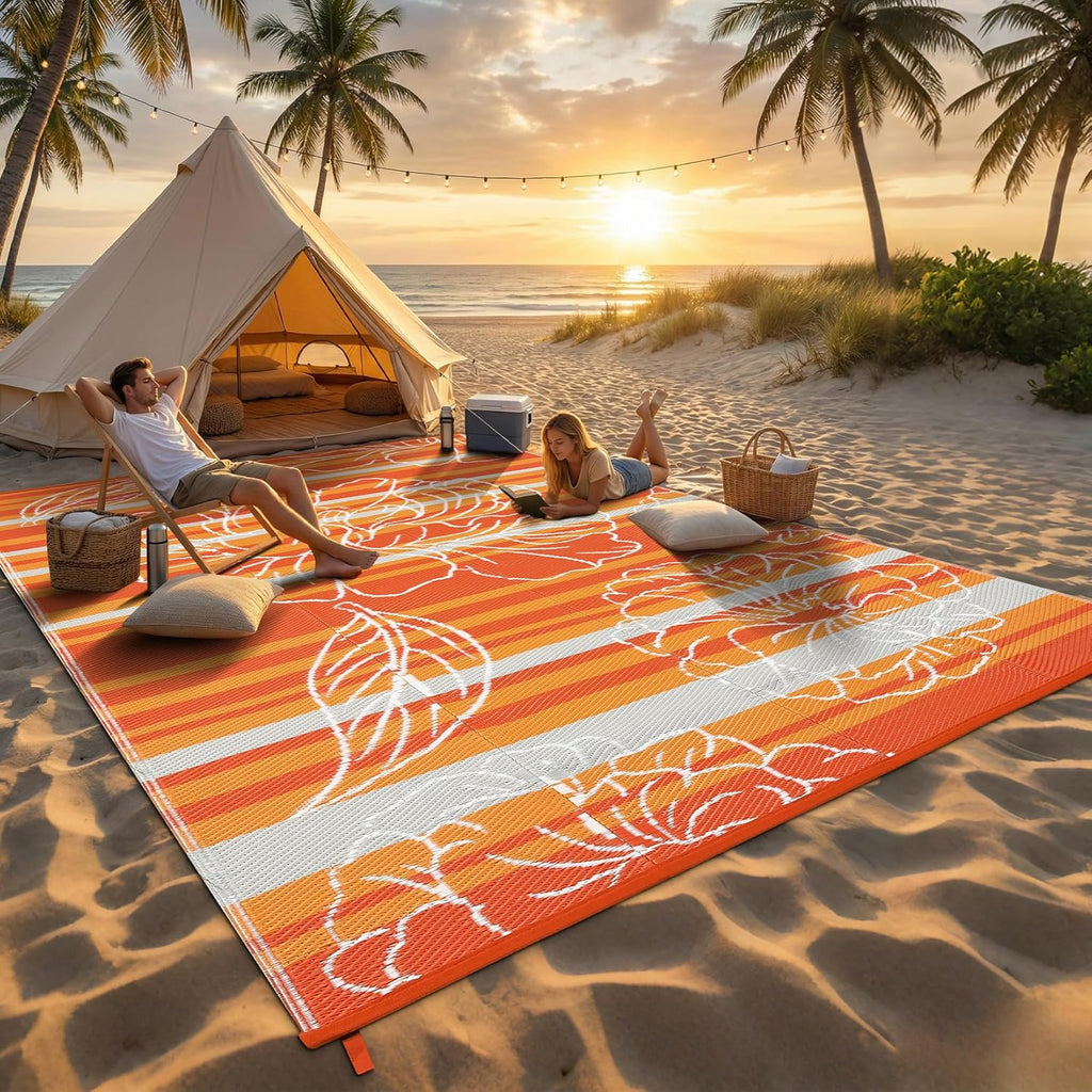 8x10 Outdoor Waterproof Rug, Floral Outdoor Area Rug，Reversible Plastic Straw Patio Rug, Portable Ca