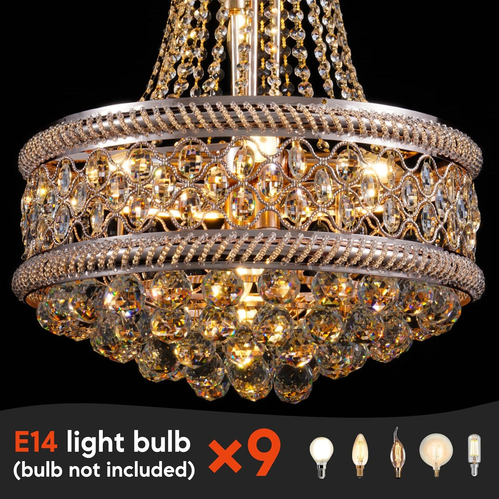 9 Light Luxury Crystal Chandeliers, D19 Inch Empire Gold Chandelier Hanging Light with Raindrop K9 Crystal for Living Room, Dining Room, Foyer, Entryway, Staircase