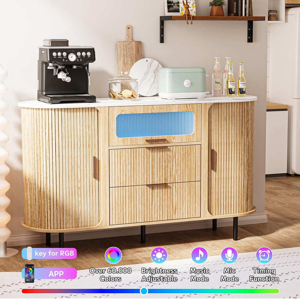 54" Modern Fluted Sideboard Buffet Cabinet with Storage, Oak | Mid Century Coffee Bar with Light & Slide Doors, 2