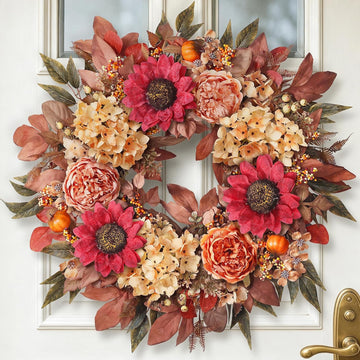 24"Fall Artificial Wreath with Sunflower Peony for Front Door Decor(Orange)