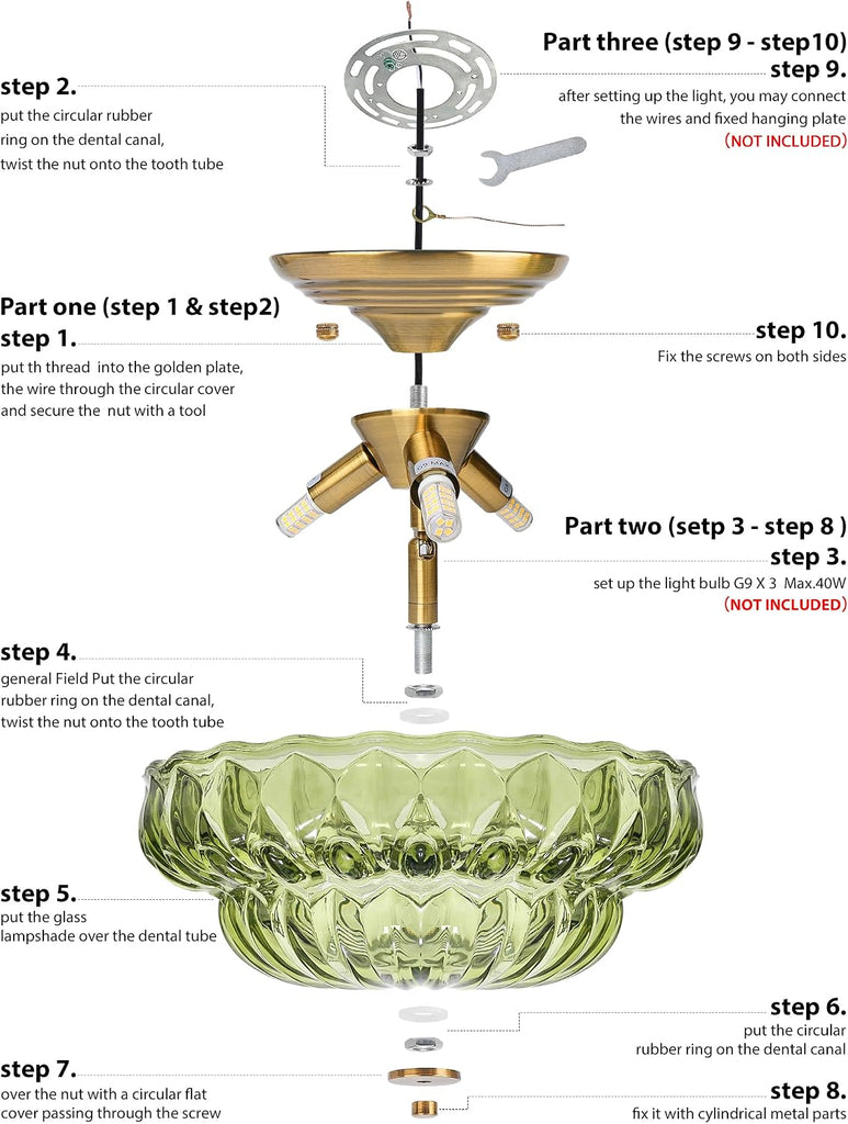 11" Semi-Flush Mount Ceiling Light,3-Bulb Green Glass Hallway Light Fixture | Indoor Lighting,Gold Close to Ceiling