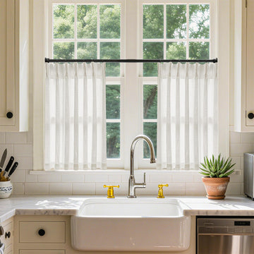 Cream Linen Cafe Curtains 24 Inch Length Pinch Pleated 2 Panels Set