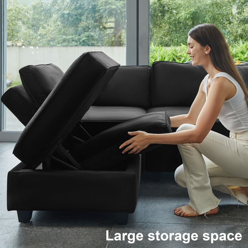 Modular Sectional Sofa with Double Chaise Velvet U Shaped Sofa Reversible Sectional Couch with Storage Black