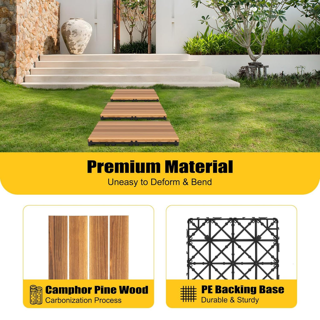 36 Pcs Hardwood Interlocking Patio Deck Tiles, Patio Tiles Outdoor Flooring 12" X 12" Camphor Pine Wood Tiles Indoor