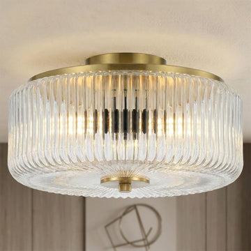 3-Light Gold Flush Mount Ceiling Light, 11.8" Modern Close to Ceiling Light Fixtures with Ribbed Clear Glass Shade