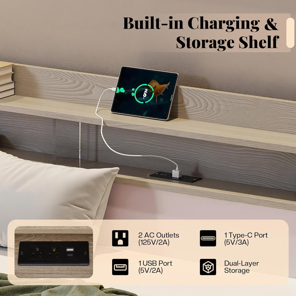 Twin Upholstered Daybed with Trundle and Charging Station, Pink | Storage Headboard, LED Bedside Light, USB Charging