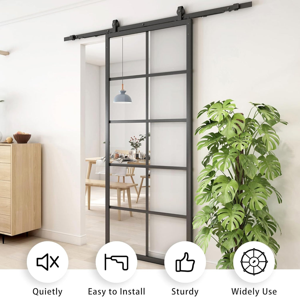 DIY Glass Sliding Kitchen Barn Door - 42in x 84in Modern French Style, Aluminum Frame, 5-Lite Temper