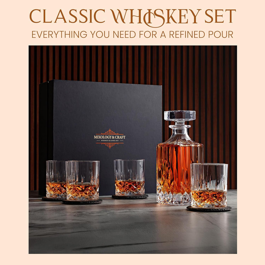 Luxury Whiskey Decanter Gift Set - 25oz Crystal Decanter, 4 Old-Fashioned Glasses, 4 Slate Coasters with Diamond