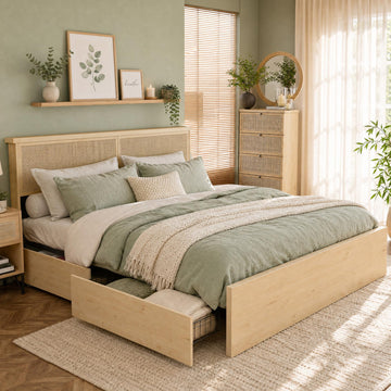 King Bed Frame with Natural Rattan Headboard and Wooden 4 Storage Drawers, Light Oak Metal Platform Bedframe with