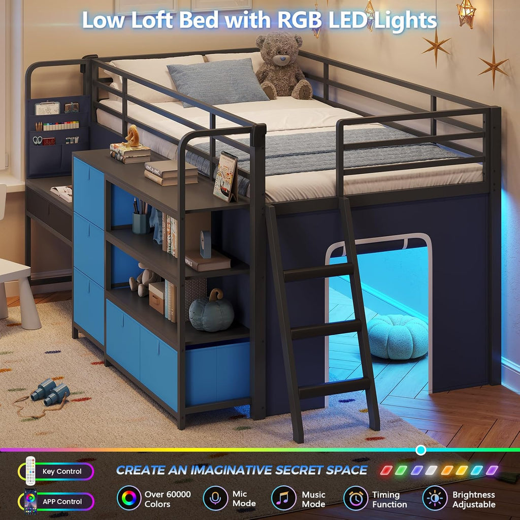 Low Loft Bed with Desk and 6 Storage Drawers Twin Loft Bed with Bookshelf,LED Lights & Under-Bed Play Space,Kids Twin