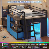 Low Loft Bed with Desk and 6 Storage Drawers Twin Loft Bed with Bookshelf,LED Lights & Under-Bed Play Space,Kids Twin