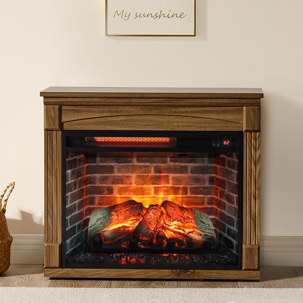 28 Inch Electric Fireplace with Mantel, Freestanding Heater with Realistic Flame and Logs, Remote Control, Timer, Adjustable 4 Flame Brightness, Indoor Fireplace for Living Room or Bedroom