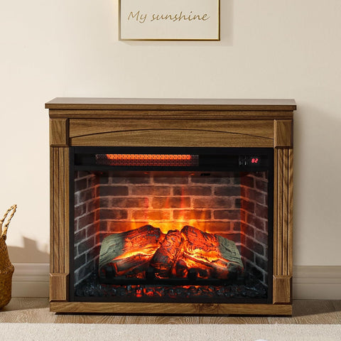 28 Inch Electric Fireplace with Mantel, Freestanding Heater with Realistic Flame and Logs, Remote Control, Timer, Adjustable 4 Flame Brightness, Indoor Fireplace for Living Room or Bedroom